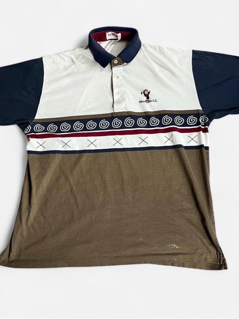 Vintage Colorblock Polo Shirt in White, Navy & Brown with Maroon Trim